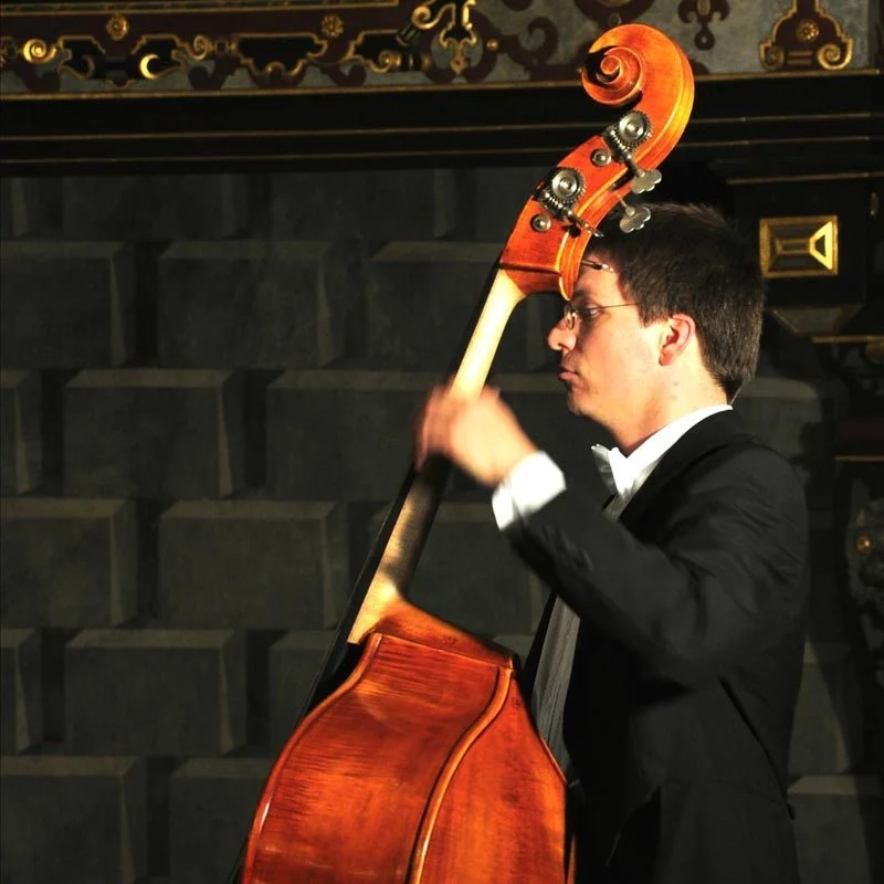 Ein Kontrabassist bei einem Konzert in einem historischen Saal.
